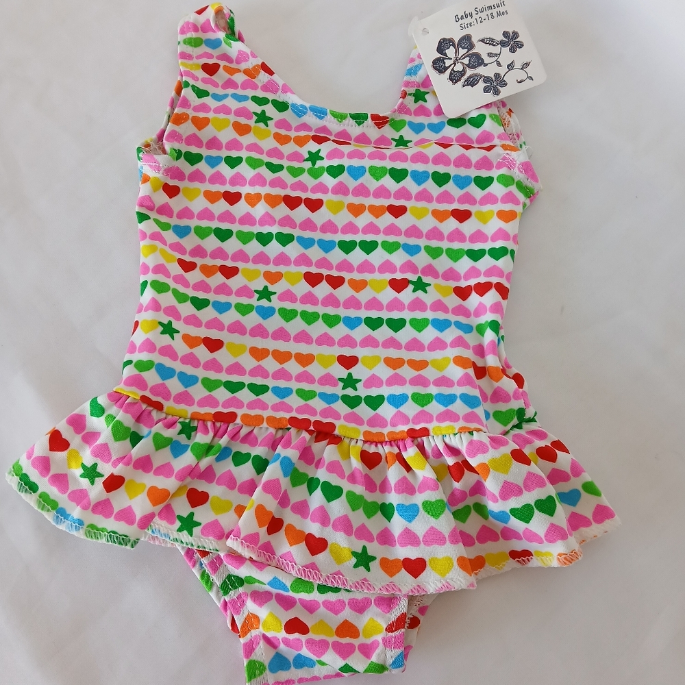 Baby Girl One Piece Swimsuit - Multicolor Heart & Star PrintSize 12 - 18 Mos